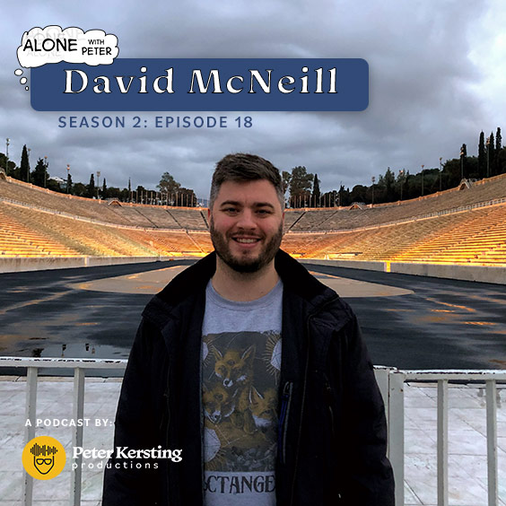 David McNeill of Expat Empire poses for a photo during his travels in Athens, Greece in this artwork for Alone with Peter Season 2, Episode 18